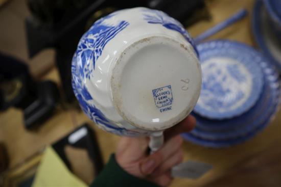 A blue and white Samuel Alcock china, plates, cups and saucers, soup tureen, ladle and dish